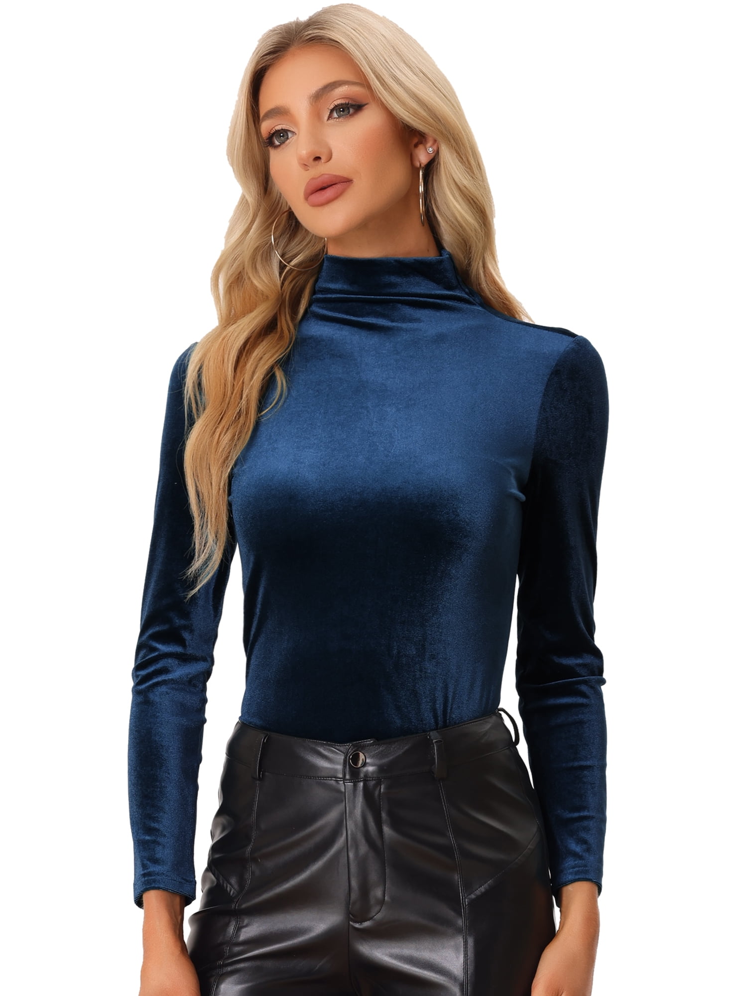 DARING DIVA Turtleneck Stretchy Velvet Basic Blouse S Dark Blue
