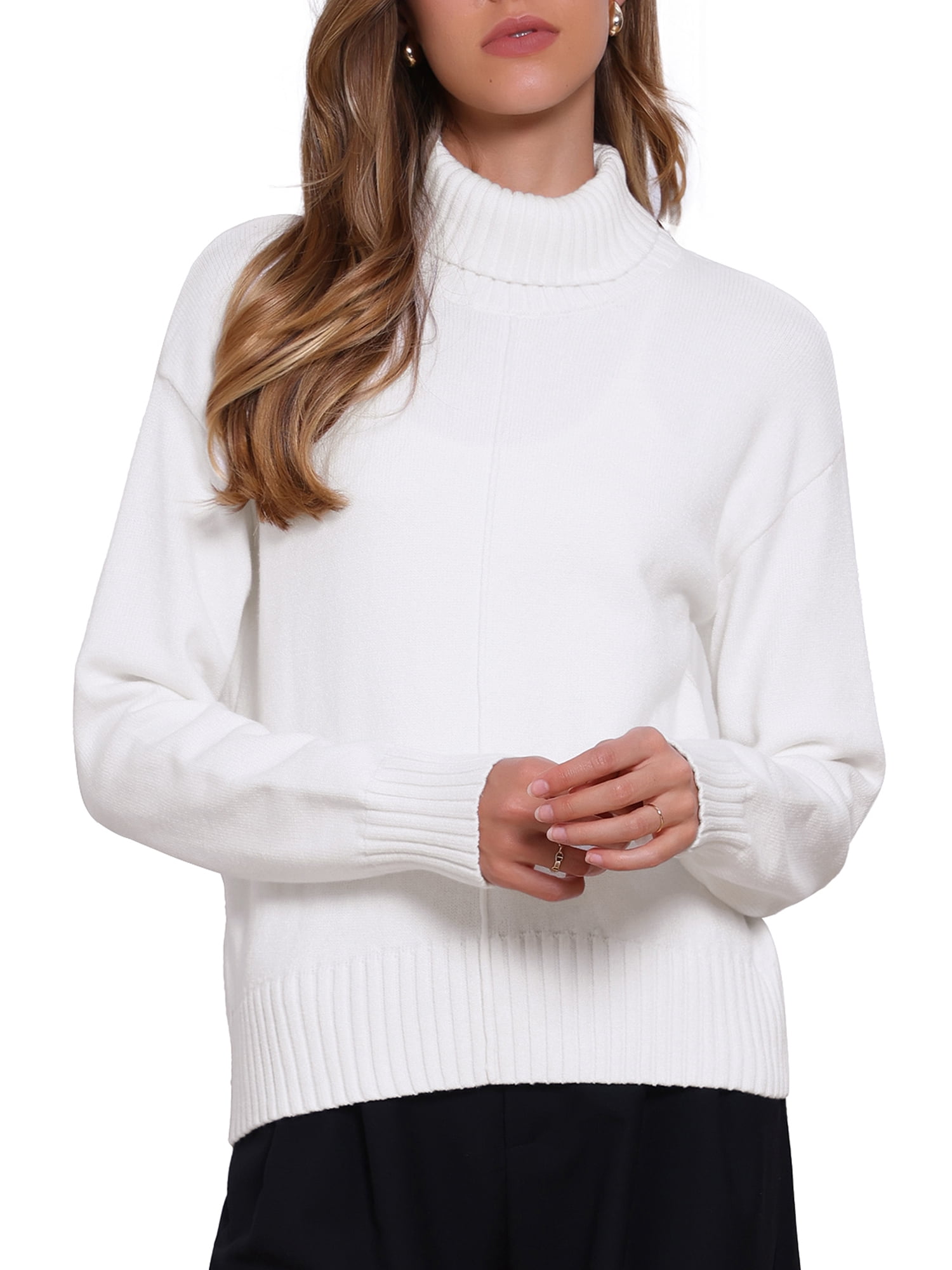DARING DIVA Turtleneck Sweater Long Sleeve Knit Pullover Sweaters M White
