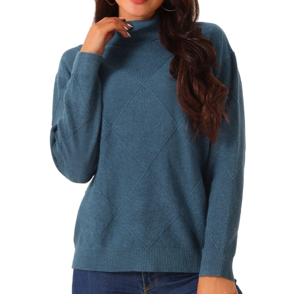 DARING DIVA Turtleneck Sweater Long Sleeve Knitted Pullover Basic M Deep Blue