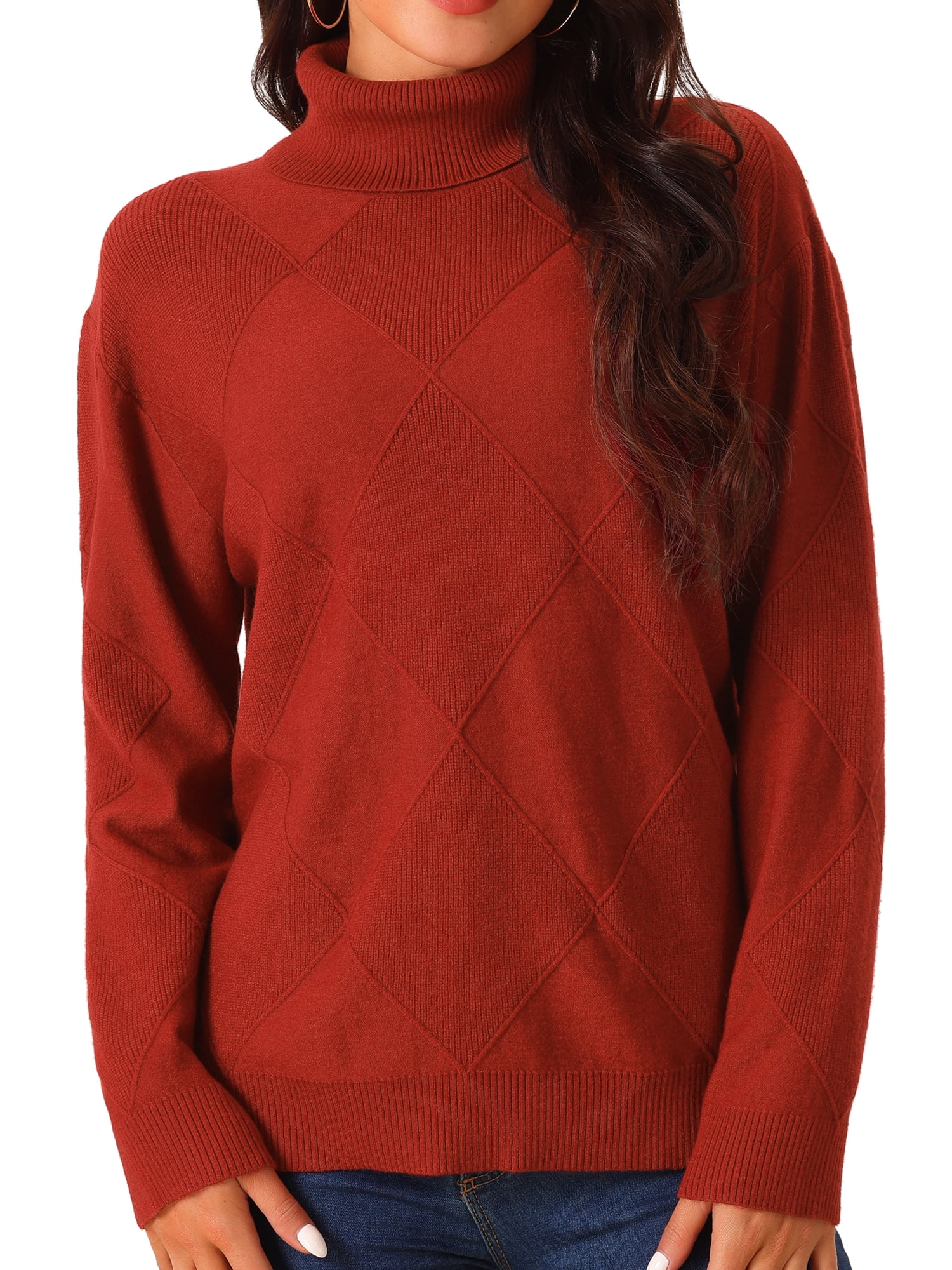 DARING DIVA Turtleneck Sweater Long Sleeve Knitted Pullover Basic M Red