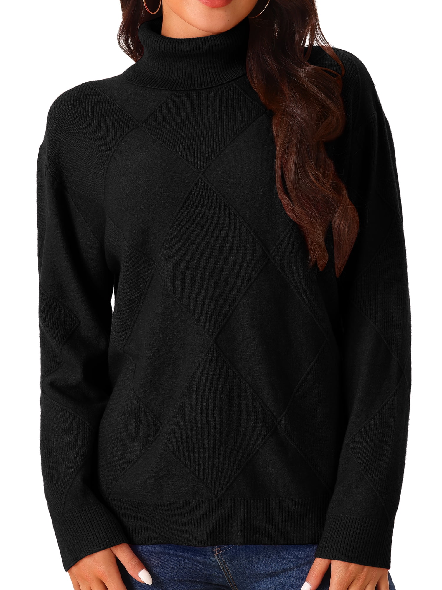 DARING DIVA Turtleneck Sweater Long Sleeve Knitted Pullover Basic S Black