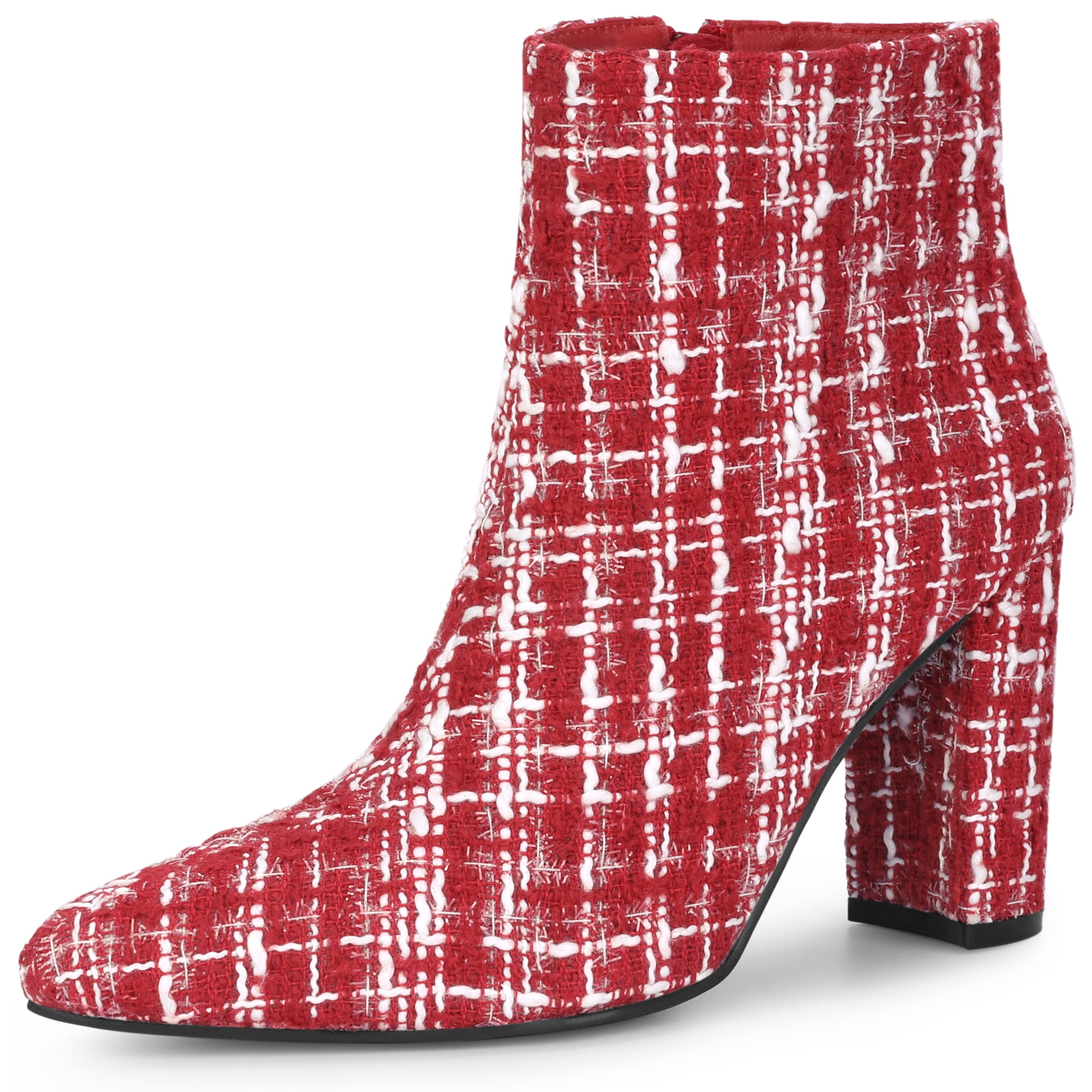 DARING DIVA Tweed Ankle Boot Pointy Toe Chunky Heel Plaid Boots Red 9