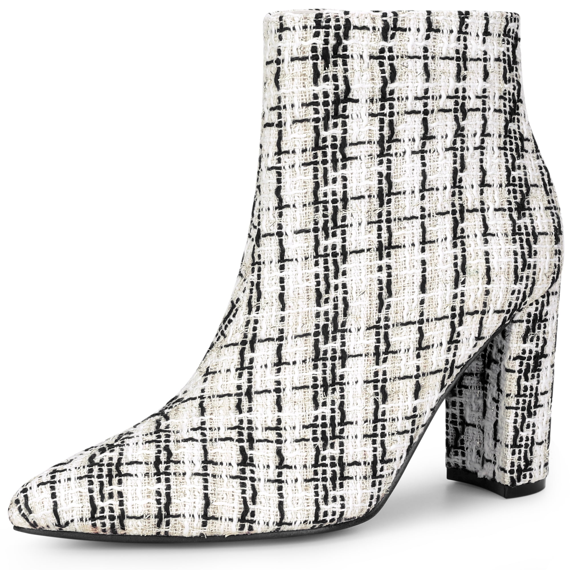 DARING DIVA Tweed Ankle Boot Pointy Toe Chunky Heel Plaid Boots White 8