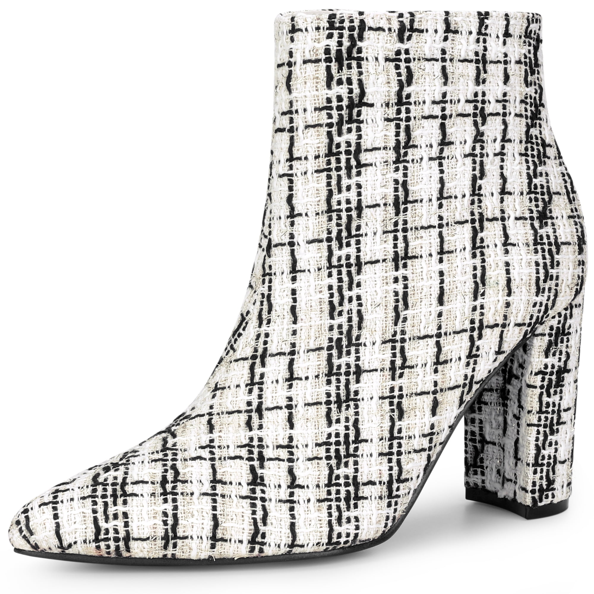 DARING DIVA Tweed Ankle Boot Pointy Toe Chunky Heel Plaid Boots White 9