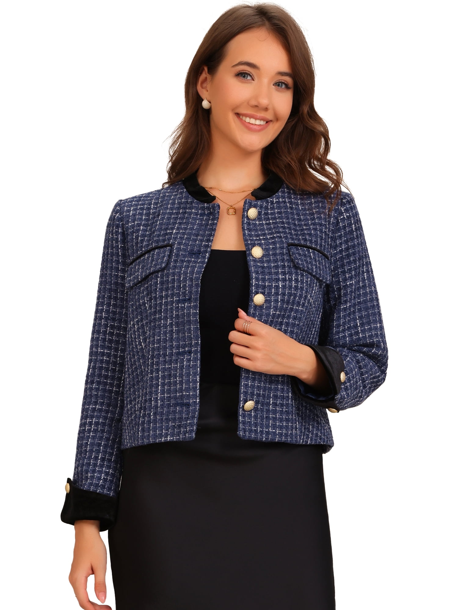 DARING DIVA Tweed Blazer Vintage Button Work Office Short Jacket L Blue
