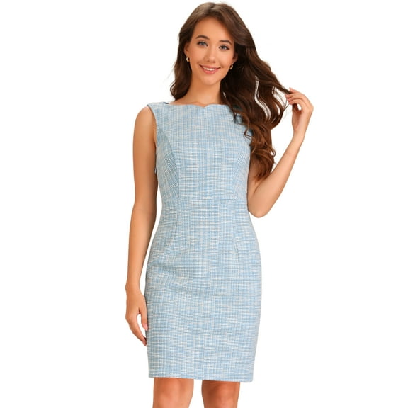DARING DIVA Tweed Boat Neck Plaid Sheath Dress M Light Blue