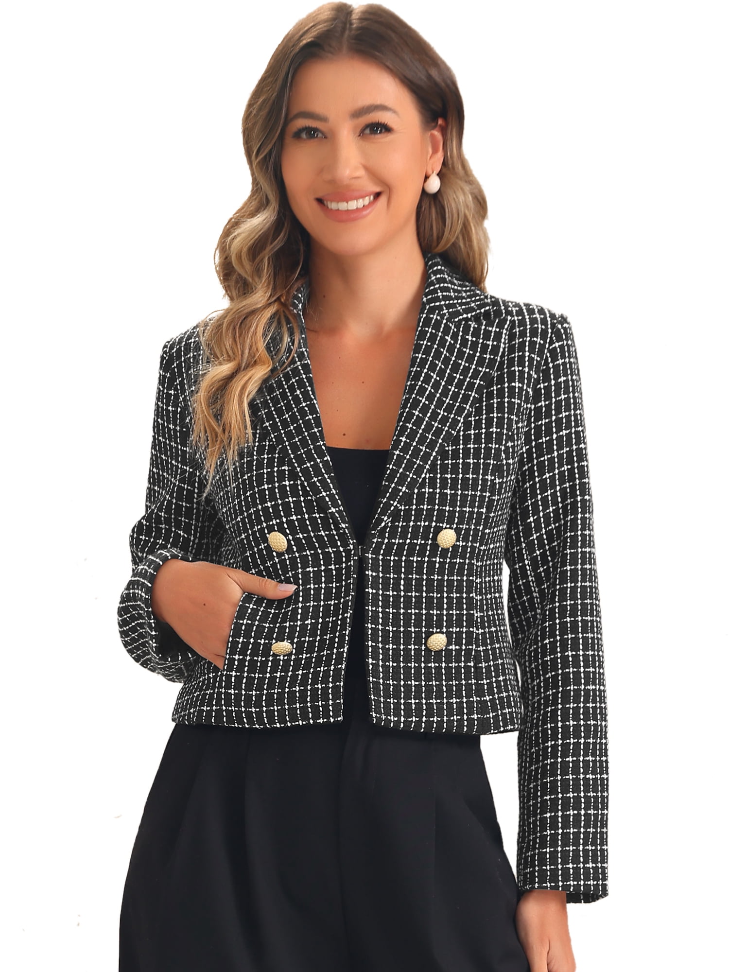 DARING DIVA Tweed Cardigan Notch Lapel Buttons Long Sleeve Blazer M Black