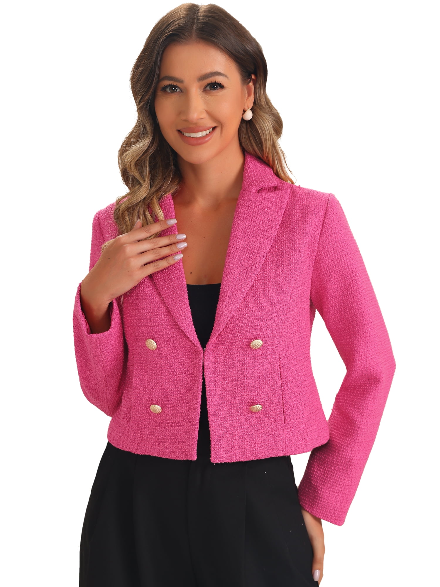 DARING DIVA Tweed Cardigan Notch Lapel Buttons Long Sleeve Blazer XL Hot Pink