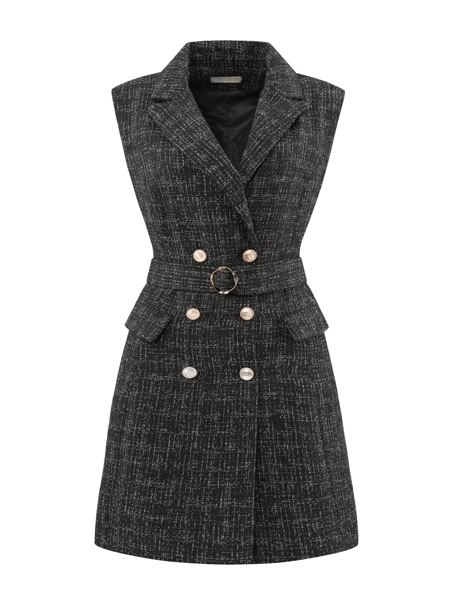 DARING DIVA Tweed Collared Belted Button Down Blazer Dress 2XL Black