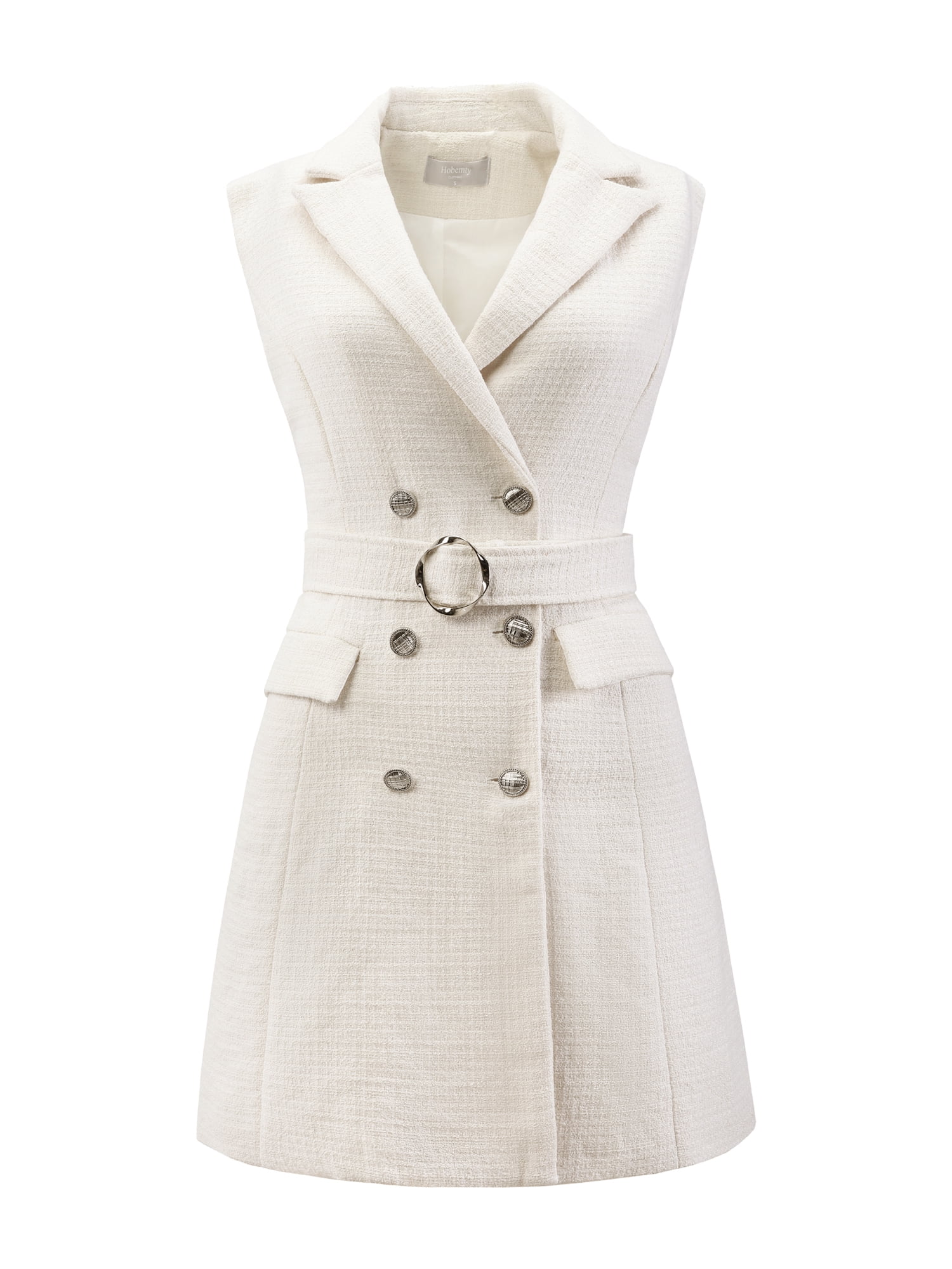 DARING DIVA Tweed Collared Belted Button Down Blazer Dress XL White