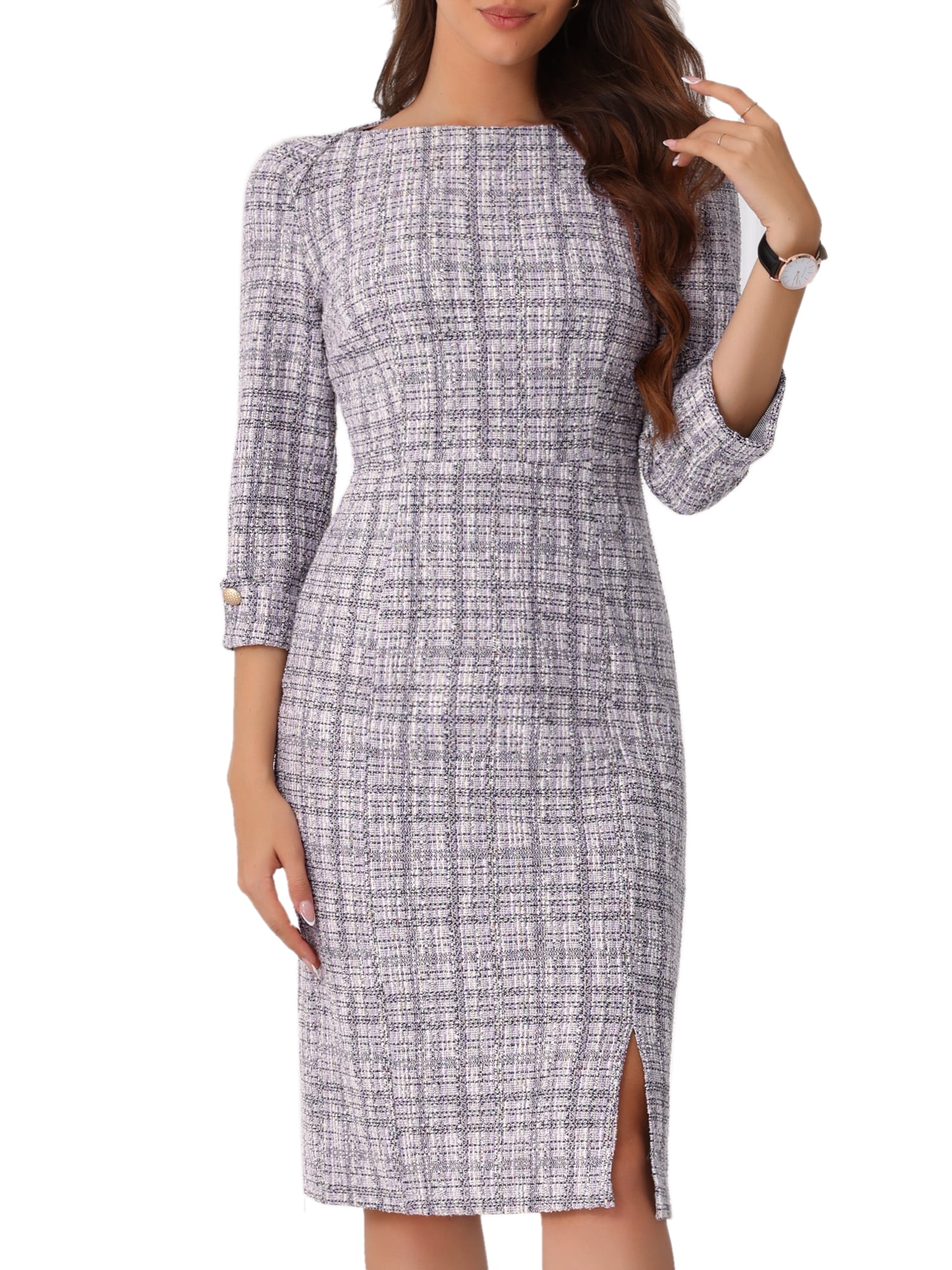 DARING DIVA Women's Tweed Fall Elegant Boat Neck 3/4 Sleeve Dress S White Purple