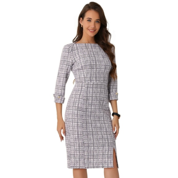 DARING DIVA Tweed Fall Elegant Boat Neck 3/4 Sleeve Dress XS White Purple