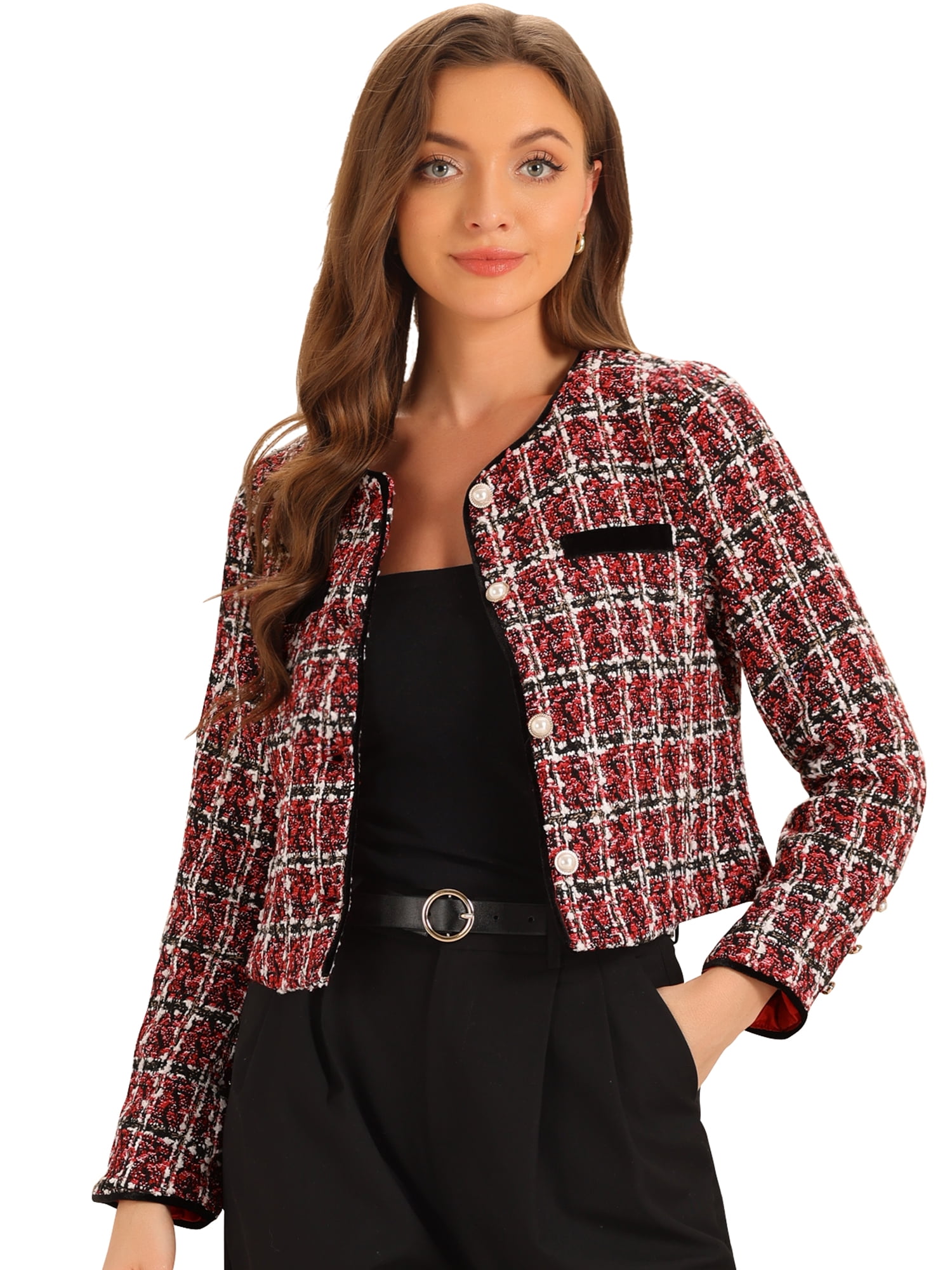 DARING DIVA Tweed Jacket Round Neck Button Front Closure Long Sleeve M Red Black