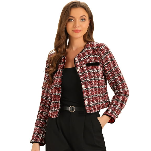 DARING DIVA Tweed Jacket Round Neck Button Front Closure Long Sleeve M Red Black