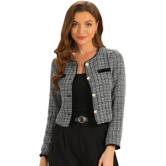 DARING DIVA Tweed Jacket Round Neck Button Front Closure Long Sleeve XS Black-White