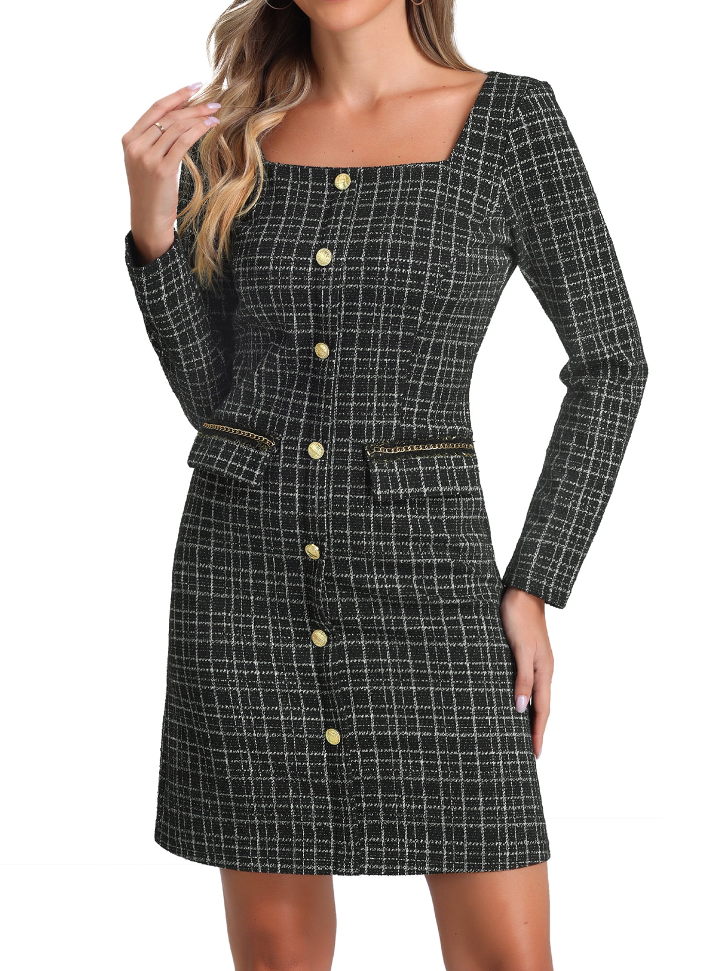 DARING DIVA Tweed Long Sleeves Square Neck Elegant Dress L Black