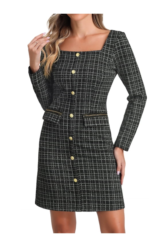 Tweed Long Sleeves Square Neck Elegant Dress M Black