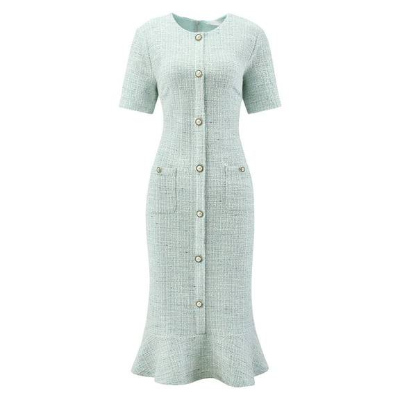 DARING DIVA Tweed Short Sleeve Cocktail Midi Fishtail Dress S Cyan