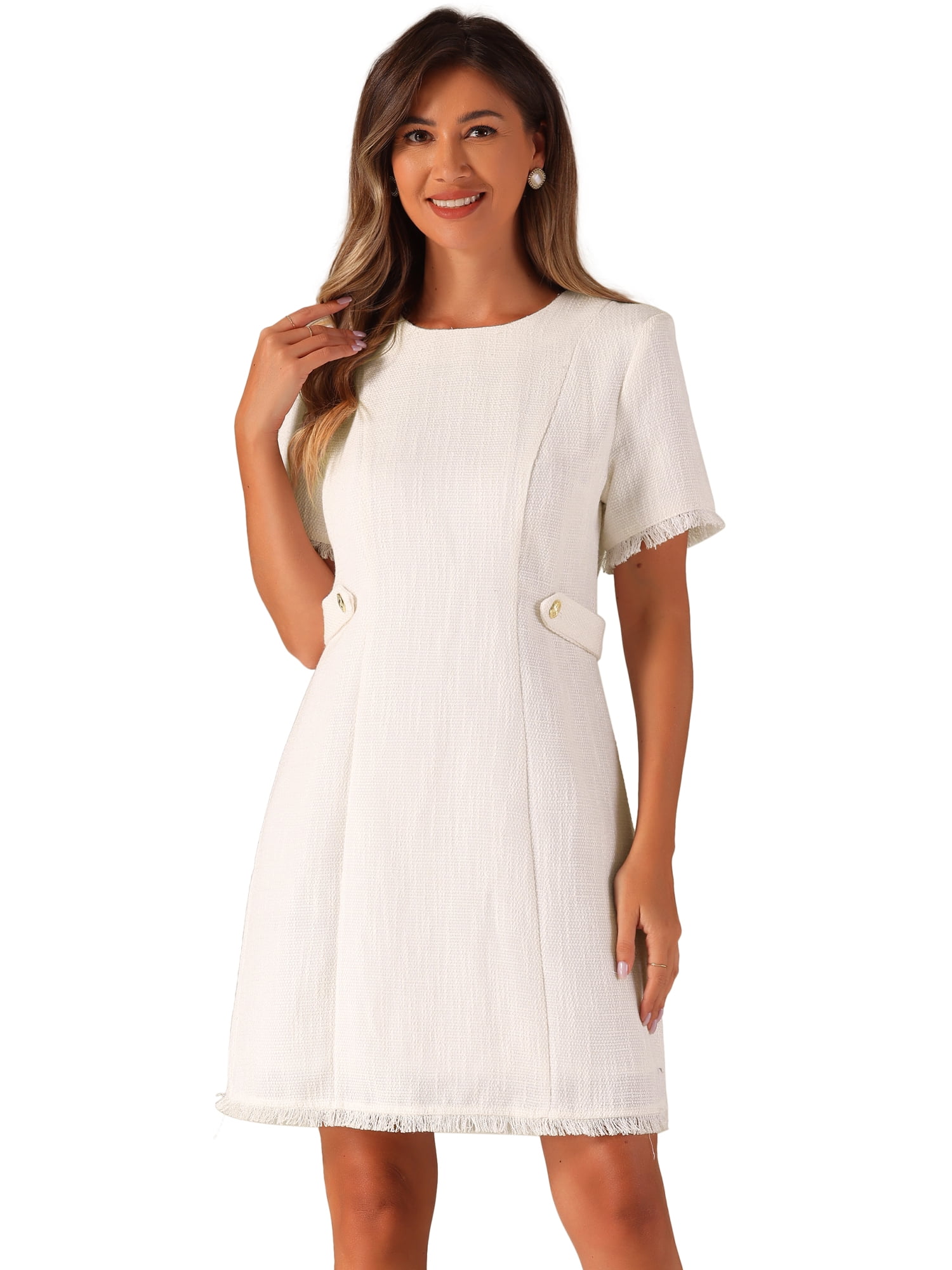 DARING DIVA Tweed Sweater Elegant Casual Knit Dress M White
