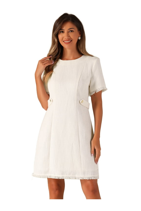 Tweed Sweater Elegant Casual Knit Dress M White