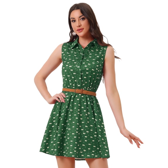 DARING DIVA Unlined Sleeveless Mini Belted Dress L Green-cat Print