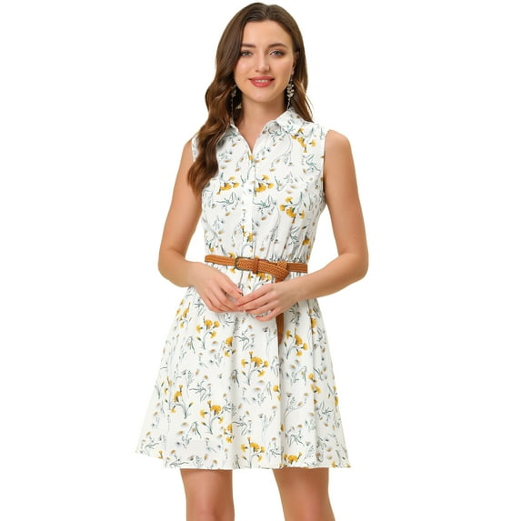 DARING DIVA Unlined Sleeveless Mini Belted Dress XS White-Yellow Daisy