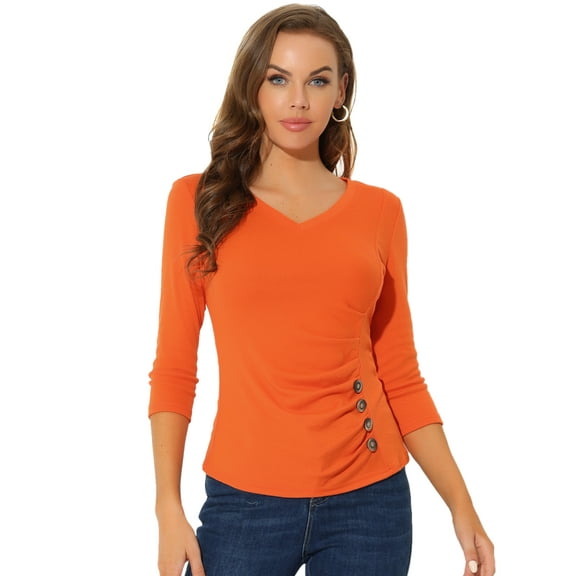DARING DIVA V Neck 3/4 Sleeve Ruched Blouses Tops 3XL Orange
