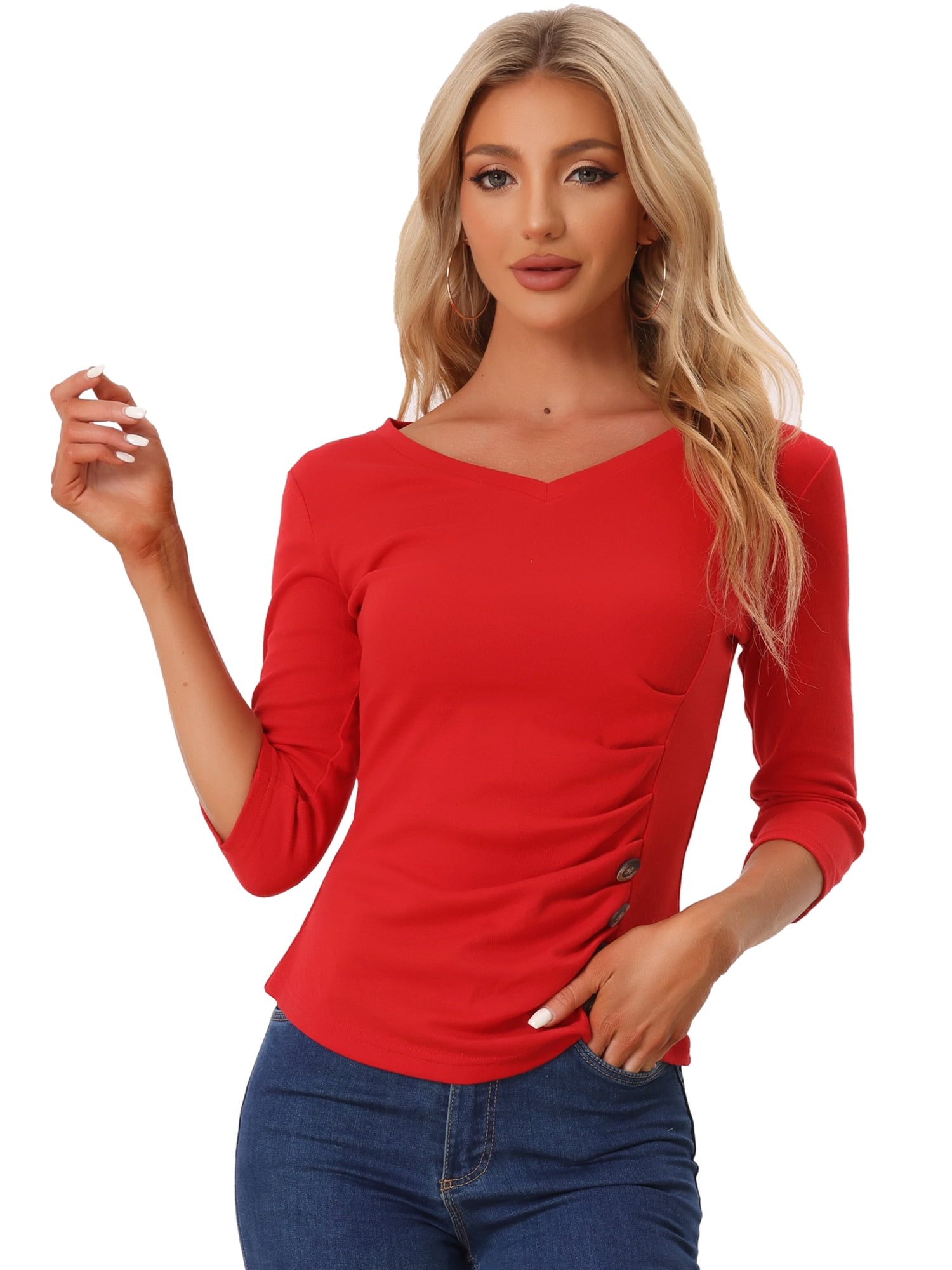 DARING DIVA V Neck 3/4 Sleeve Ruched Blouses Tops 3XL Red