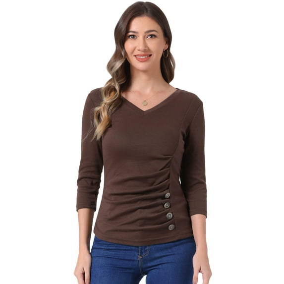 DARING DIVA V Neck 3/4 Sleeve Ruched Blouses Tops L Coffee Brown