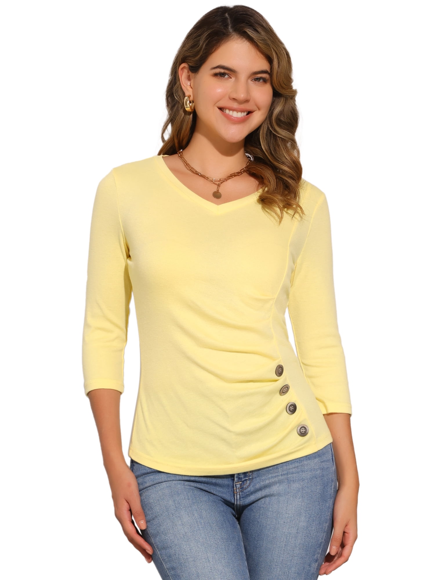 DARING DIVA V Neck 3/4 Sleeve Ruched Blouses Tops L Light Yellow