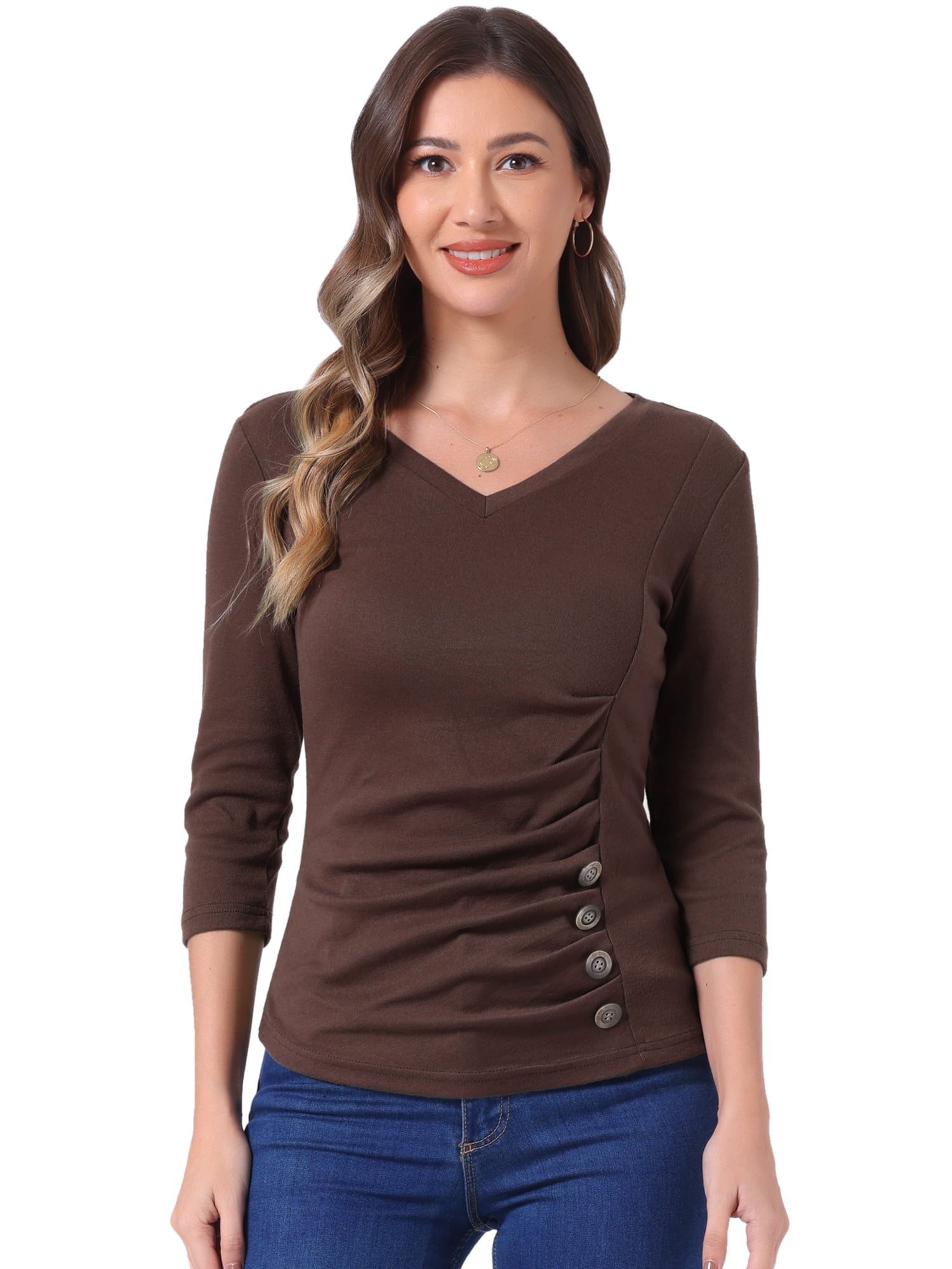 DARING DIVA V Neck 3/4 Sleeve Ruched Blouses Tops M Coffee Brown