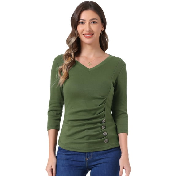 DARING DIVA V Neck 3/4 Sleeve Ruched Blouses Tops S Olive Green