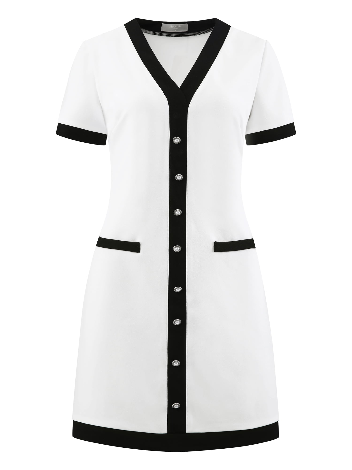 DARING DIVA V Neck A-Line Contrast Color Short Sleeve Trendy Dress L White