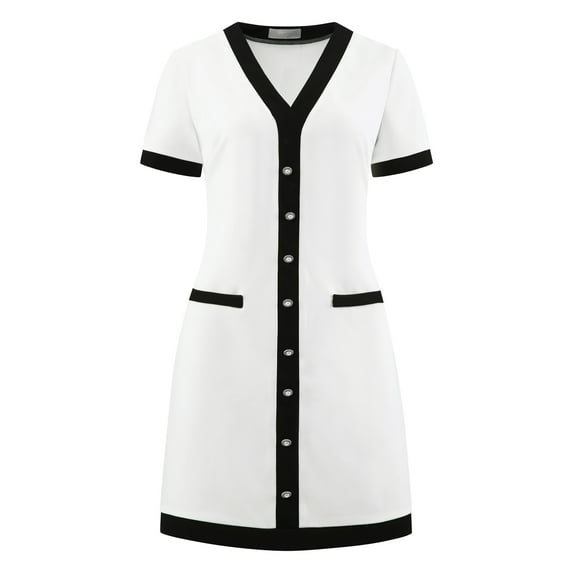 DARING DIVA V Neck A-Line Contrast Color Short Sleeve Trendy Dress S White