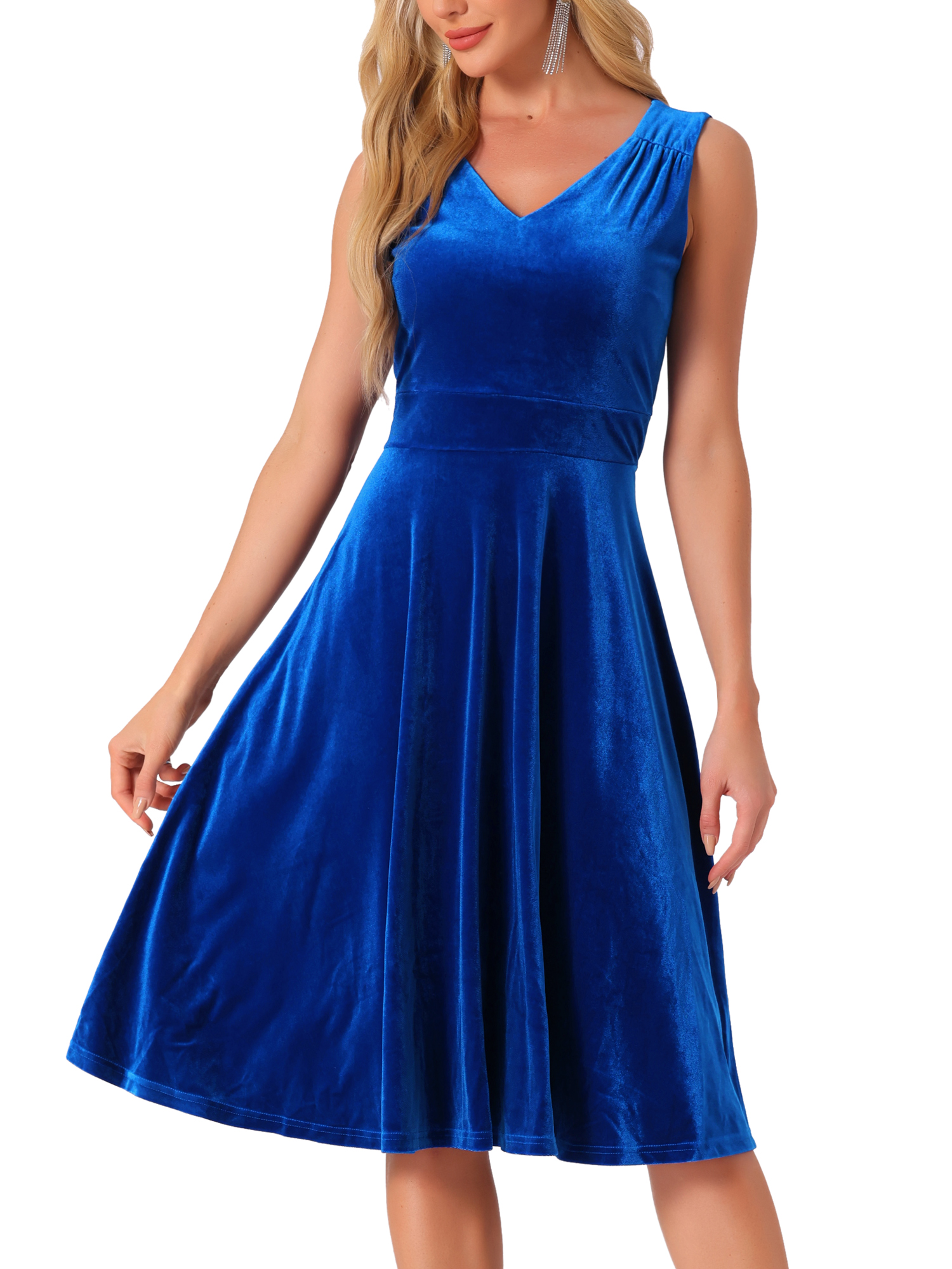 DARING DIVA V Neck A Line Flowy Sleeveless Velvet Midi Dress L Royal Blue