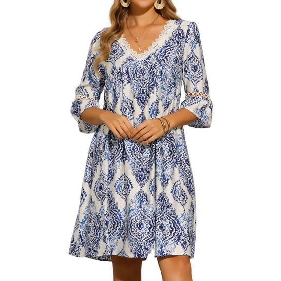 DARING DIVA V Neck Bohemian Print 3/4 Sleeve A-Line Dress XS Blue