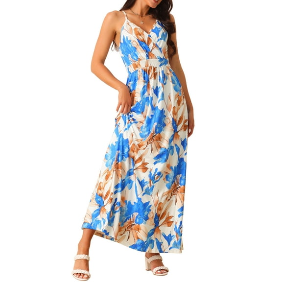 DARING DIVA V Neck Boho Sleeveless Maxi Casual Floral Dress M Blue White