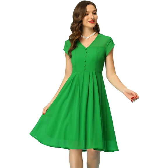 DARING DIVA V Neck Button Decor Elegant Vintage Chiffon Dress L Green