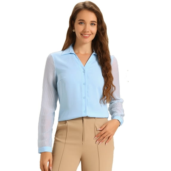 DARING DIVA V Neck Button Down Mesh Sleeve Blouse XL Light Blue