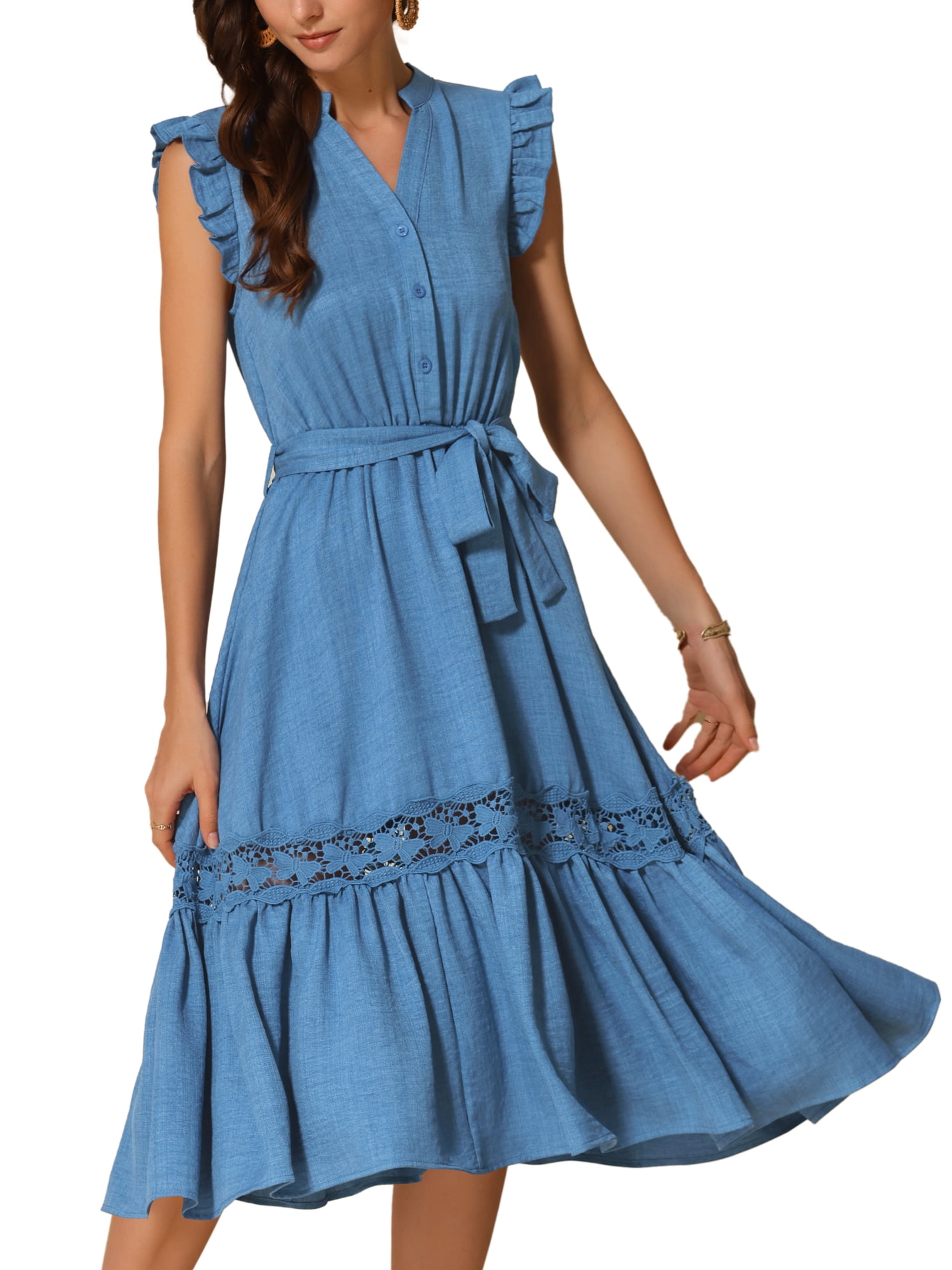 DARING DIVA V Neck Cap Sleeve A Line Summer Midi Dress XL Blue