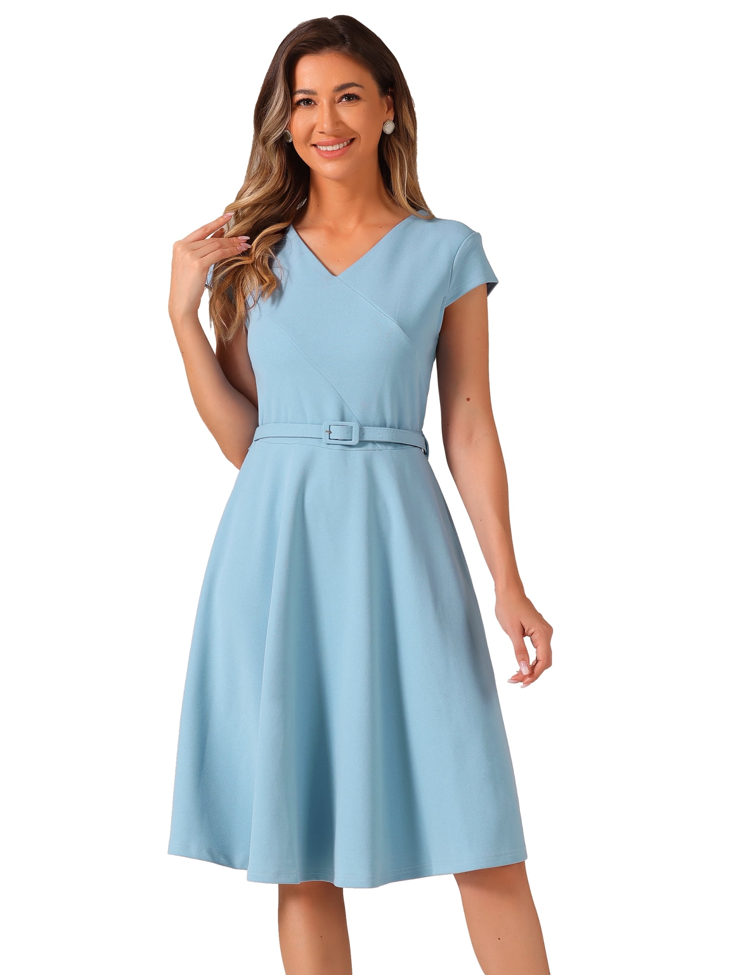 DARING DIVA V Neck Cap Sleeve Flowy A-line Cocktail Dress XL Blue