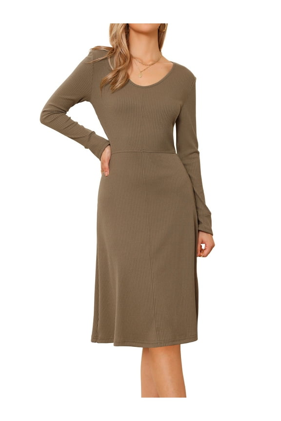 V Neck Casual Long Sleeve Midi Knitted Dress S Brown