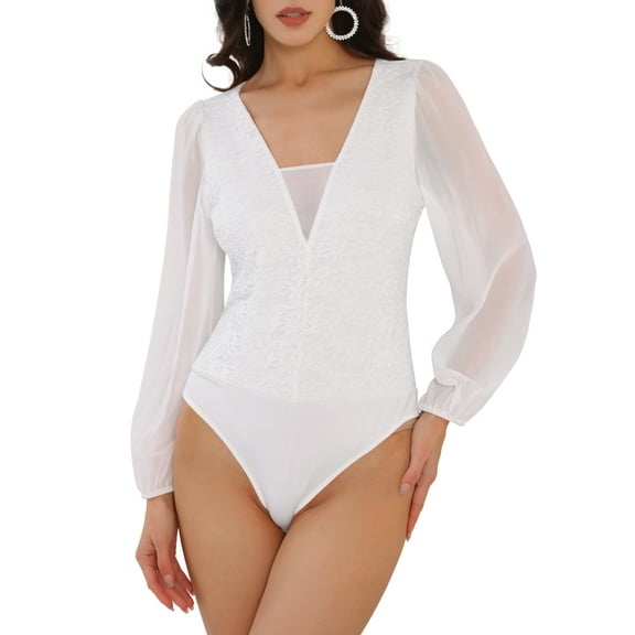 DARING DIVA V Neck Chiffon Dressy Formal Leotard Bodysuit Tops 2XL White