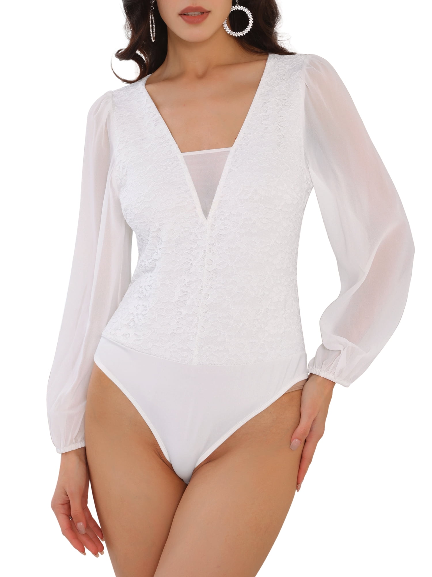 DARING DIVA V Neck Chiffon Dressy Formal Leotard Bodysuit Tops L White