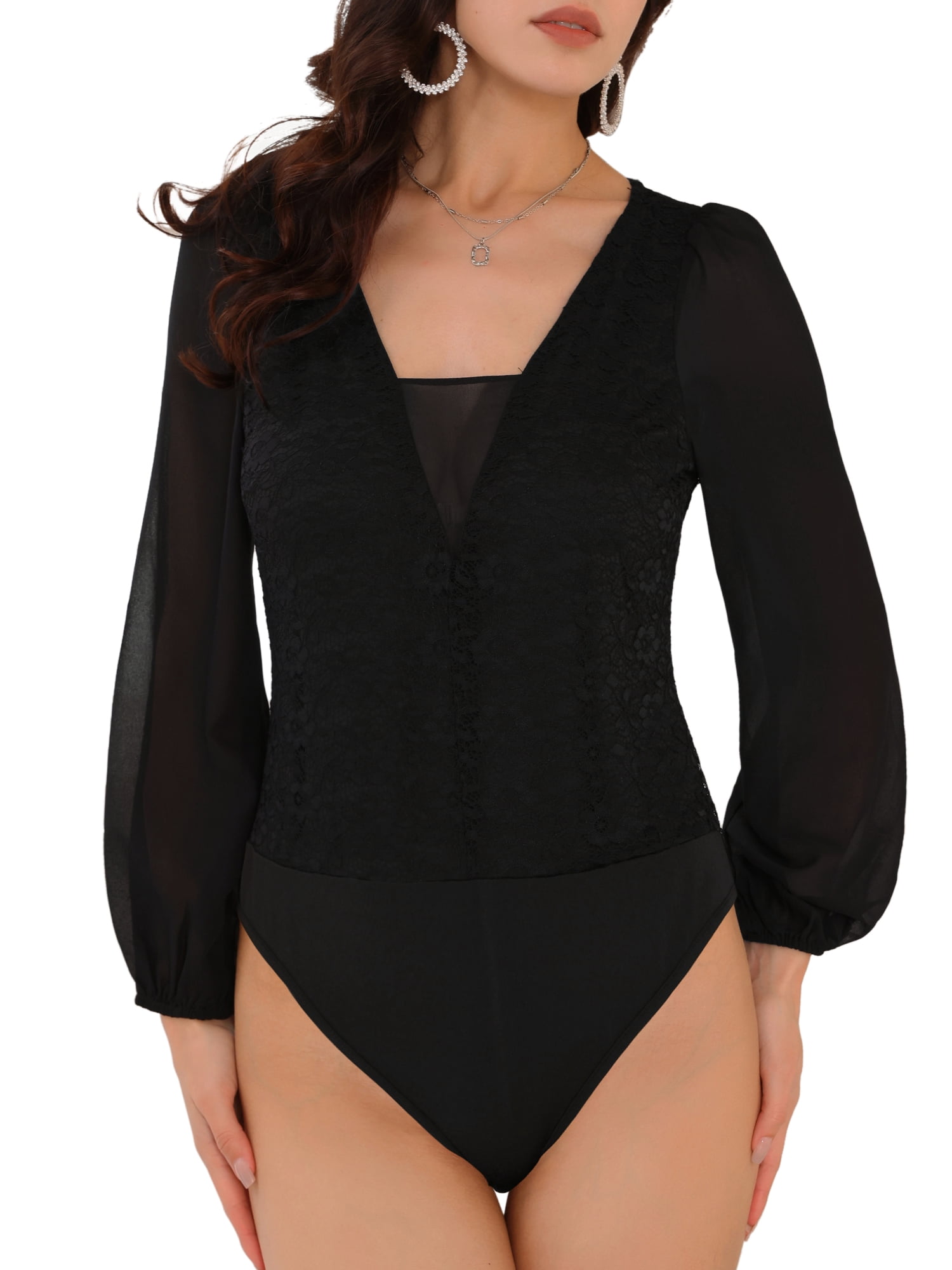 DARING DIVA V Neck Chiffon Dressy Formal Leotard Bodysuit Tops M Black