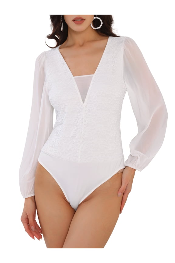 V Neck Chiffon Dressy Formal Leotard Bodysuit Tops XL White
