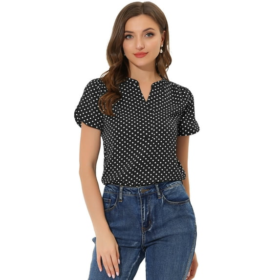 DARING DIVA V Neck Dots Printed Short Sleeve Blouse Top 3XL Black