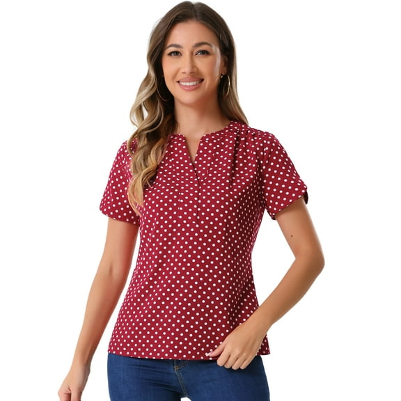 DARING DIVA V Neck Dots Printed Short Sleeve Blouse Top M Red