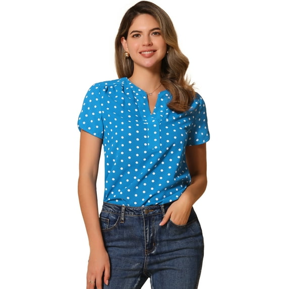 DARING DIVA V Neck Dots Printed Short Sleeve Blouse Top XL Sky Blue