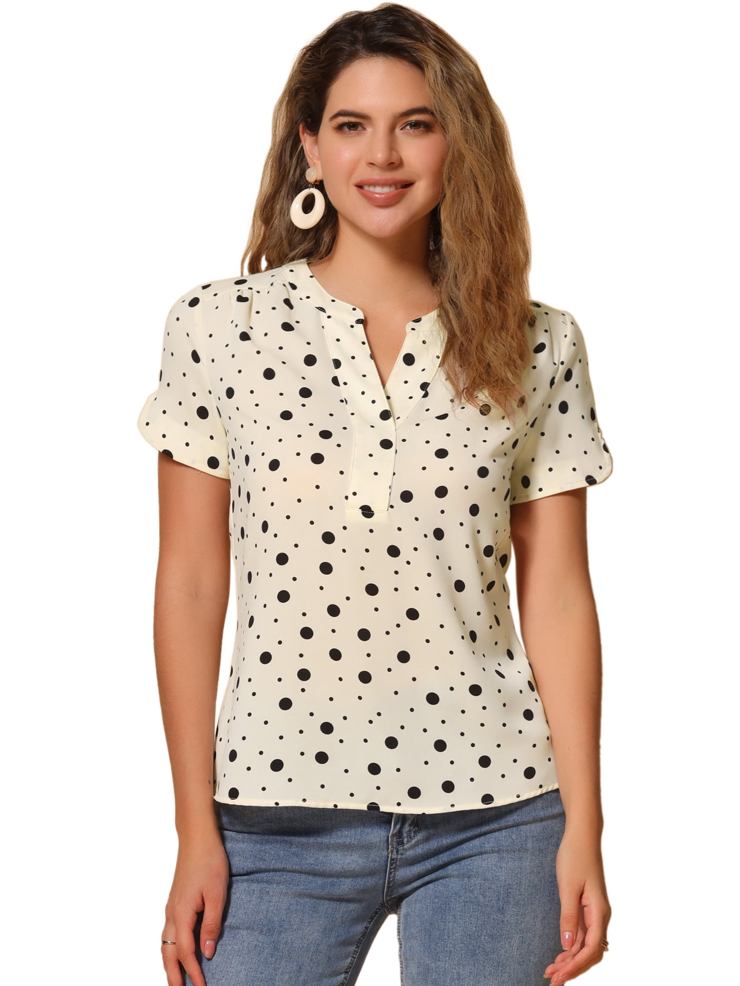 DARING DIVA V Neck Dots Printed Work Office Blouse Top M Black-Apricot